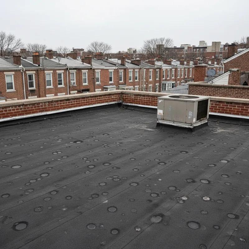 A Philadelphia row home block showing a combination of pitched front roofs and flat rear roof sections, illustrating the dual roof systems common in South Philadelphia and Kensington neighborhoods