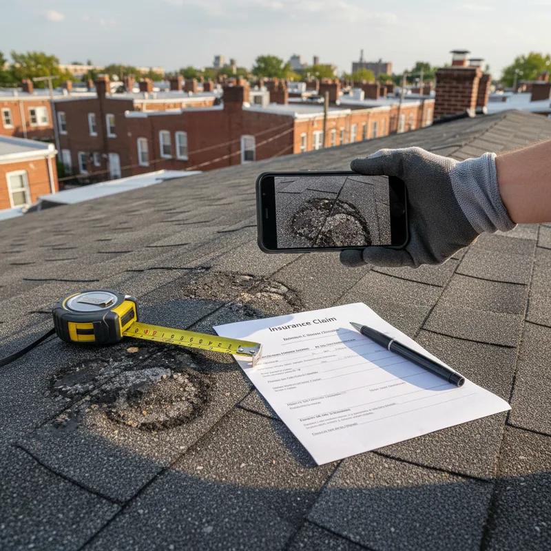 A licensed Philadelphia roofing contractor in safety gear documenting hail damage on a row home roof with a tablet, preparing an estimate for the homeowner's insurance claim