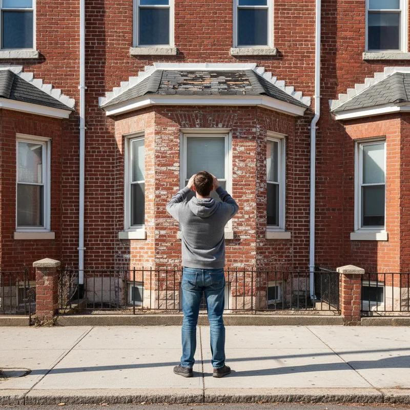 Philadelphia homeowner using binoculars to inspect their row home roof from the sidewalk after a summer thunderstorm, with wet pavement and debris visible