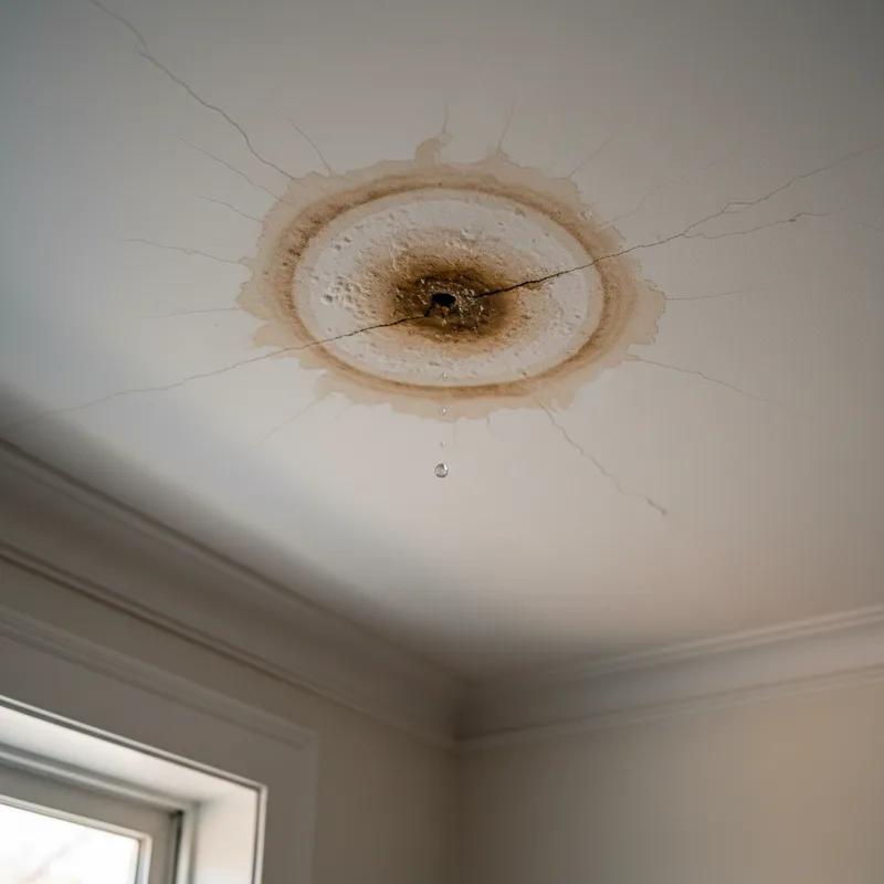 Homeowner inspecting a Philadelphia row home attic with a flashlight, revealing water stains on wooden rafters and damp insulation after a summer storm