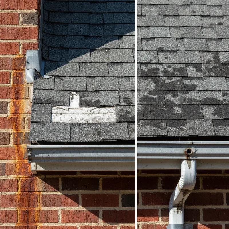Close-up of storm-damaged asphalt shingles on a Philadelphia row home showing missing granules, cracked edges, and a displaced shingle tab after a summer hailstorm