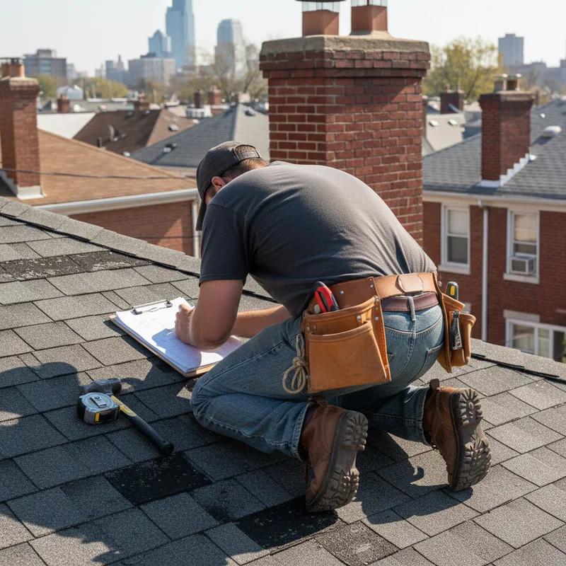 Licensed Philadelphia roofing contractor in safety harness inspecting storm damage on a row home roof, with the Philadelphia skyline visible in the background