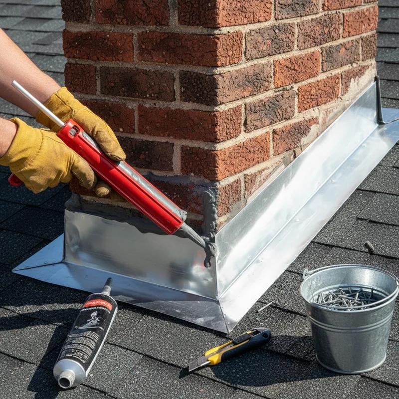 Philadelphia homeowner and roofing contractor reviewing a pre-storm maintenance checklist on a sunny day, with gutters being cleaned on a brick row home in the background
