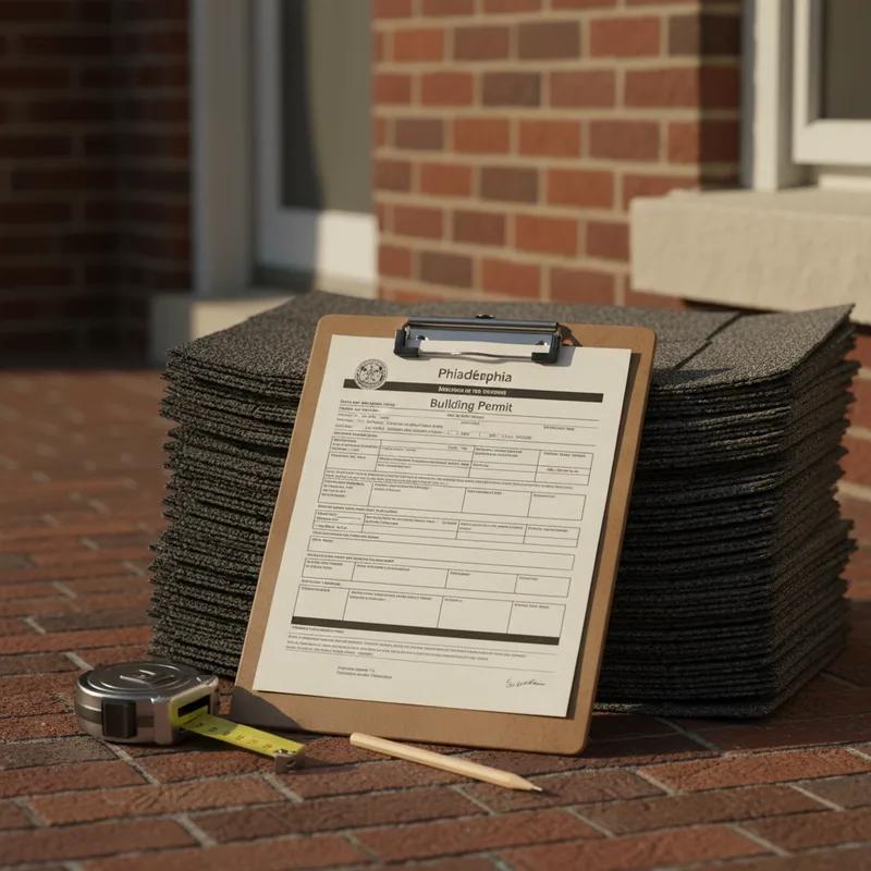 A contractor reviewing Philadelphia building code documents in front of a row home roof.