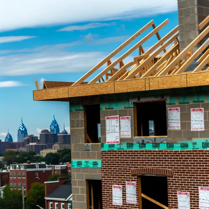 A contractor reviewing Philadelphia building code documents in front of a row home roof.