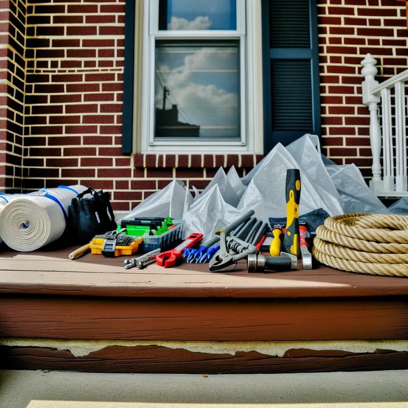 A Philadelphia family securing outdoor furniture and preparing their home for a storm.