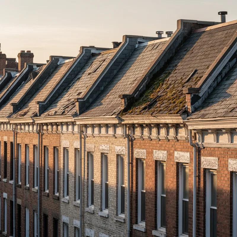 Aerial view of Philadelphia row home rooftops in a dense neighborhood showing a mix of flat roofs and sloped roofs in various states of wear