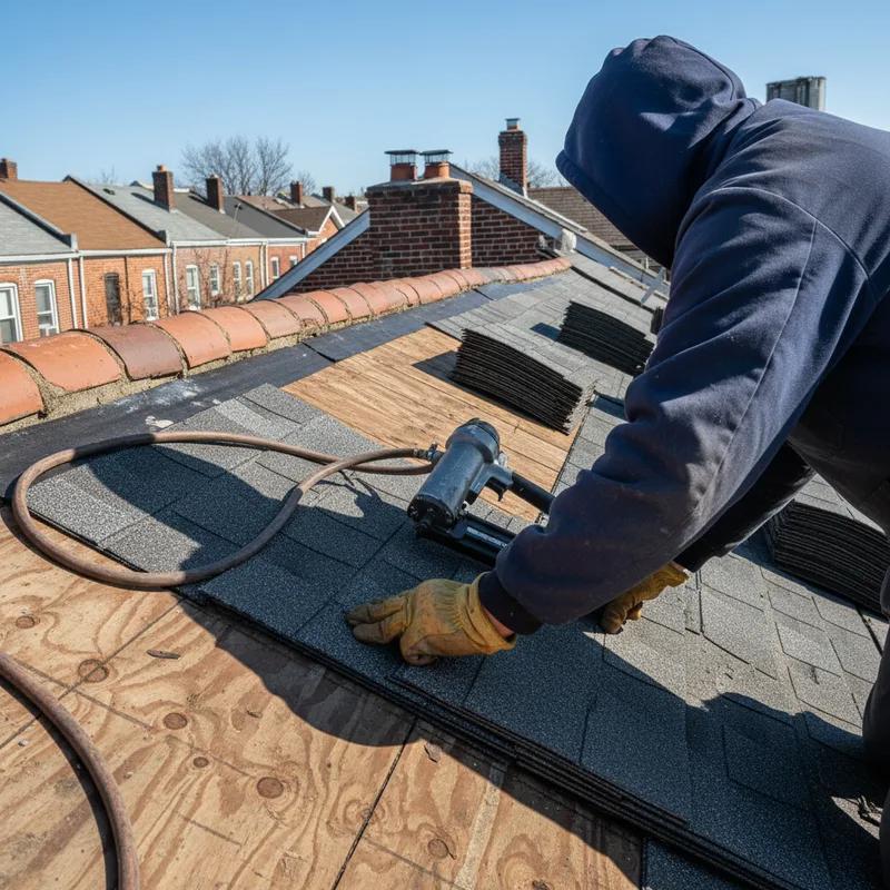 A Philadelphia homeowner shaking hands with a licensed roofing contractor in front of a row home, with a signed contract and permit paperwork visible