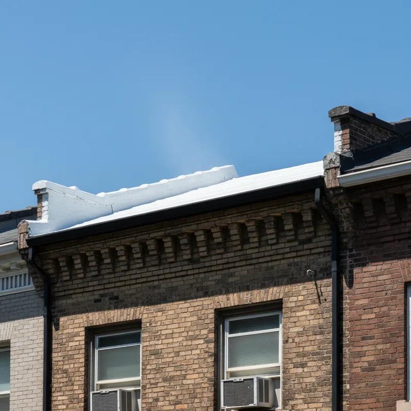 A Philadelphia home with a new cool roof reflecting sunlight, surrounded by urban landscape.