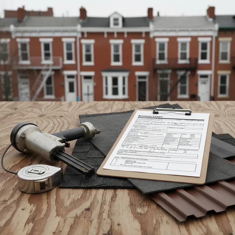 A roofing contractor in Philadelphia reviewing building codes with a homeowner.
