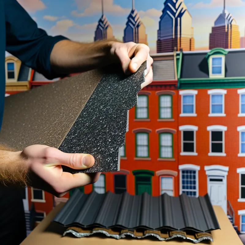 Aerial view of Philadelphia row homes with various eco-friendly roofing materials.