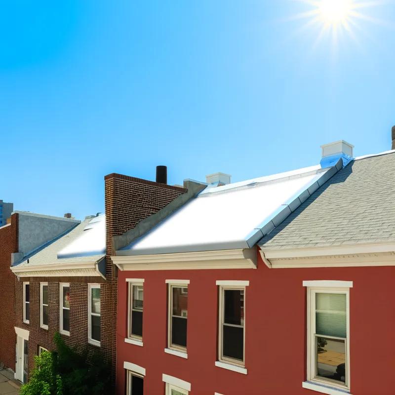 A Philadelphia home with a new cool roof reflecting sunlight, surrounded by urban landscape.