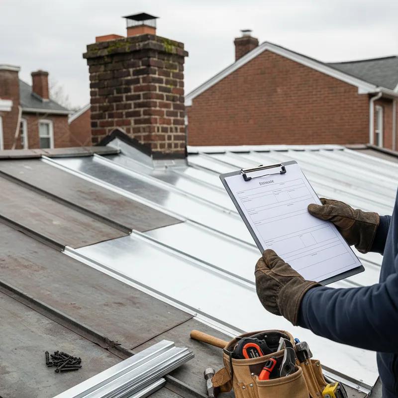 Image of a Philadelphia roofing contractor inspecting a metal roof, focusing on cost management strategies.
