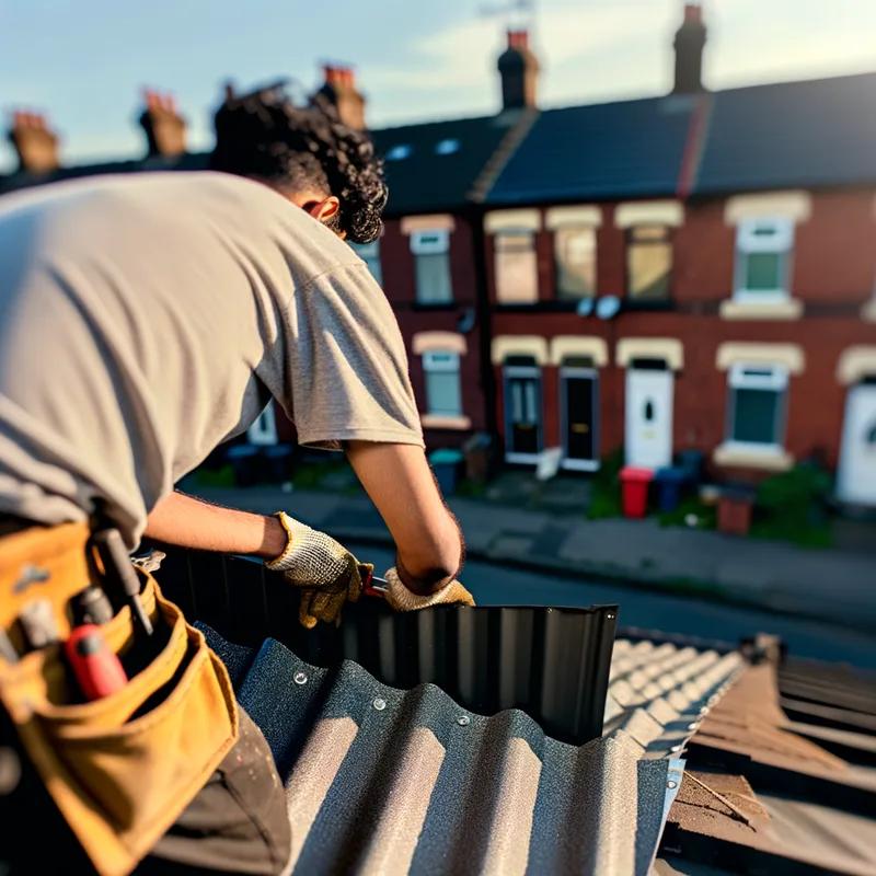 Image of a Philadelphia roofing contractor inspecting a metal roof, focusing on cost management strategies.