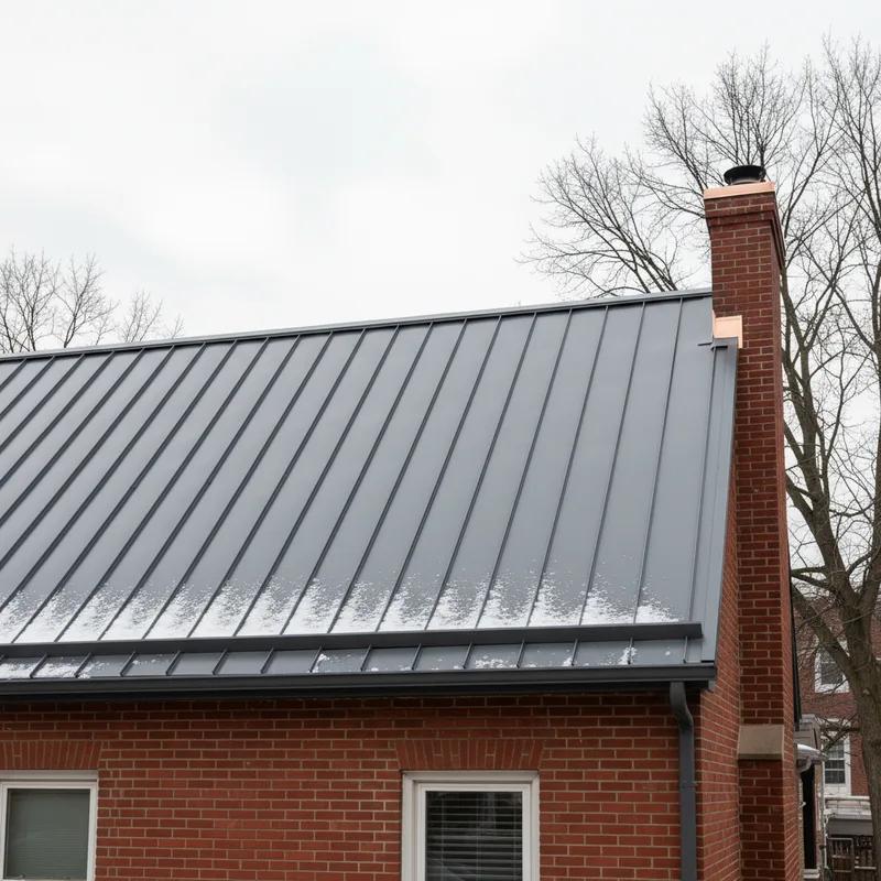 Close-up of a standing seam metal roof on a Philadelphia home after a winter snowfall, showing snow sliding cleanly off the smooth metal surface with no ice dam buildup at the gutters