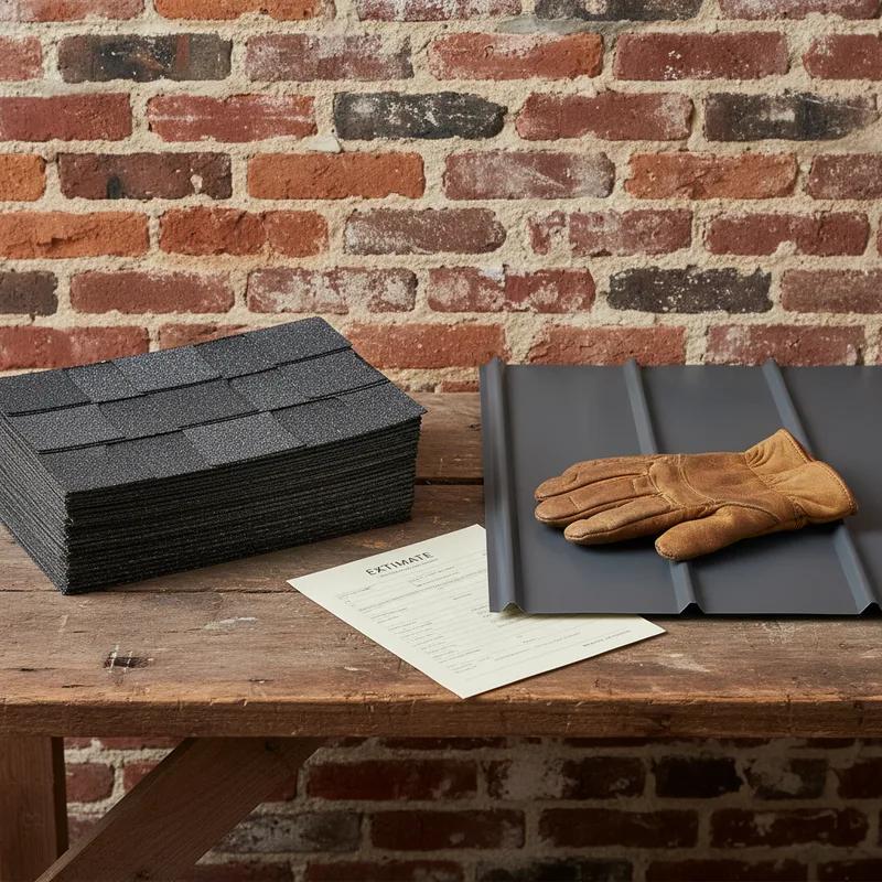 A side-by-side comparison graphic shown on a contractor's tablet during a Philadelphia home roofing consultation, displaying cost breakdowns for metal roofing versus asphalt shingles over a 50-year period