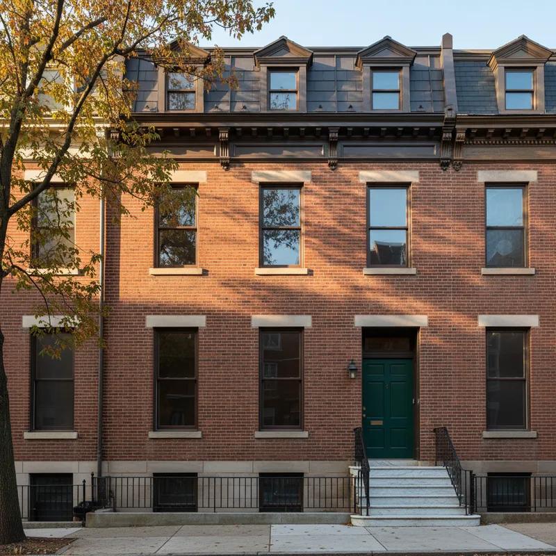 A beautifully restored Victorian twin home in West Philadelphia featuring a newly installed dark charcoal metal shingle roof that closely resembles the appearance of traditional slate, complementing the home's original brick and ornamental woodwork