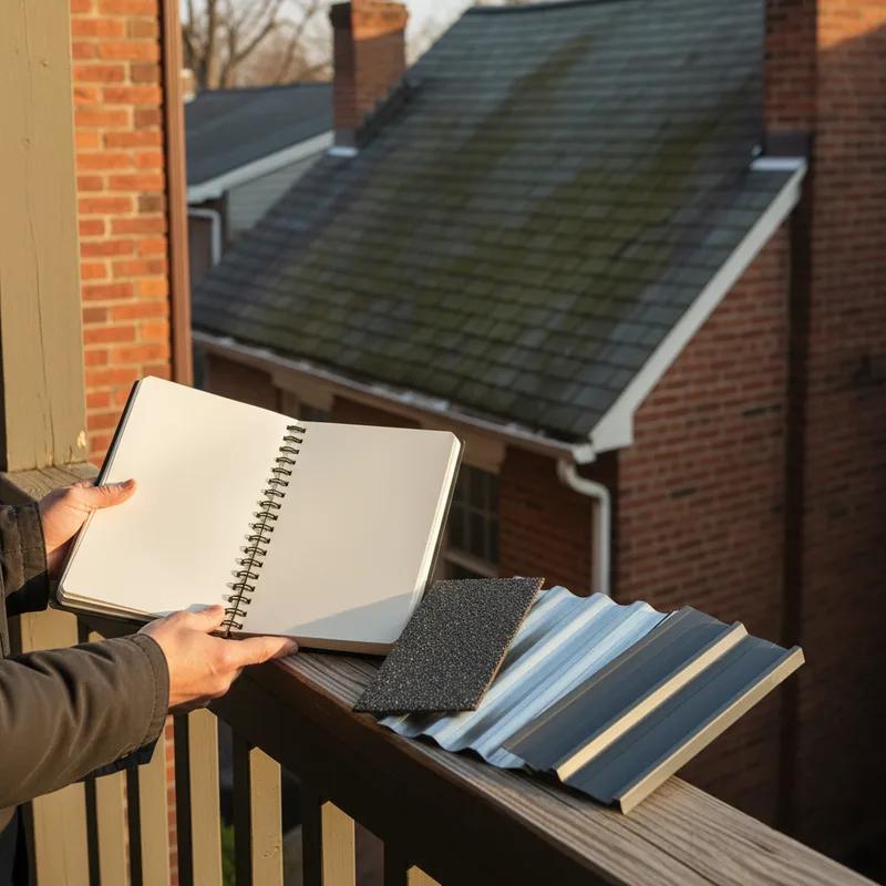 A Philadelphia homeowner and a licensed roofing contractor standing on the front stoop of a South Philadelphia brick row home, reviewing a roofing estimate together on a clipboard with metal roofing sample panels visible nearby