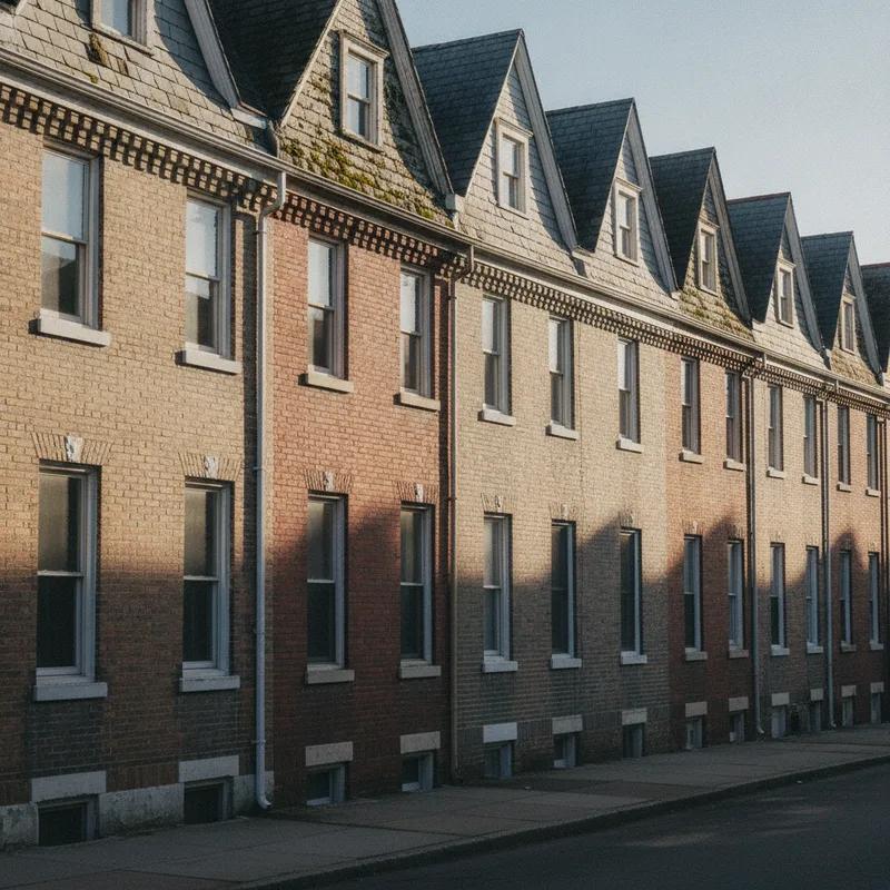 An aerial view of Philadelphia row home rooftops in South Philadelphia showing a mix of flat rubber roofs and low-slope surfaces with visible wear and aging