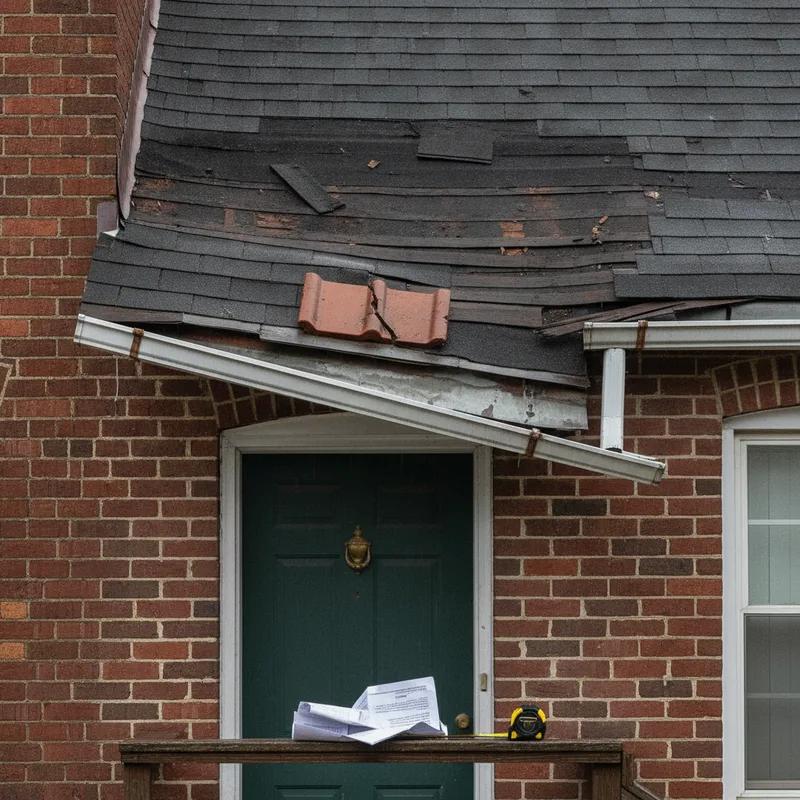 A Philadelphia contractor showing a homeowner a detailed roofing estimate on a clipboard outside a row home, with the homeowner looking concerned while reviewing the numbers