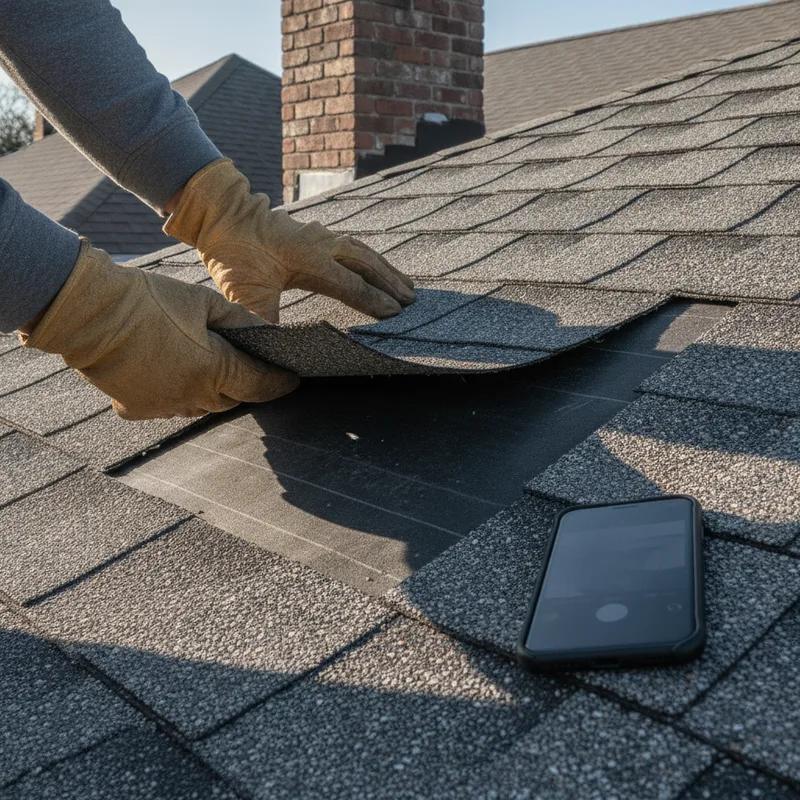 A Philadelphia homeowner photographing storm damage on their flat row home roof with a smartphone after a summer thunderstorm, with visible debris and water pooling on the surface