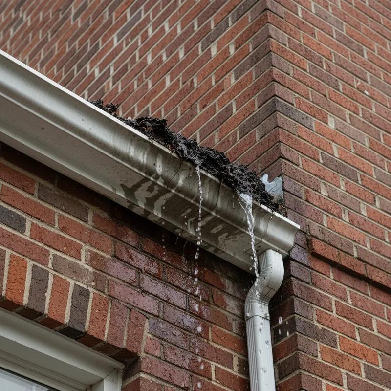 A Philadelphia row home on a tree-lined street with overflowing gutters clogged with leaves, showing water damage staining on brick facade