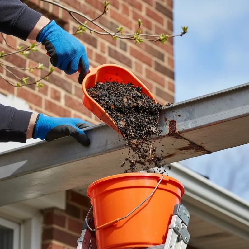 A homeowner on a ladder cleaning packed winter debris from aluminum gutters on a Philadelphia row home in early spring, with a garden hose nearby