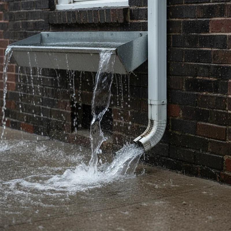 Water overflowing from a clogged residential gutter during a heavy Philadelphia summer thunderstorm, with rain splashing onto brick sidewalk below