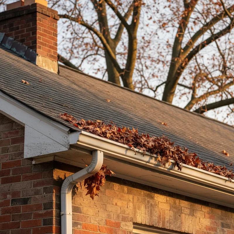 Gutters on a Philadelphia row home packed with fallen oak and maple leaves in late autumn, with a ladder and leaf blower attachment visible nearby