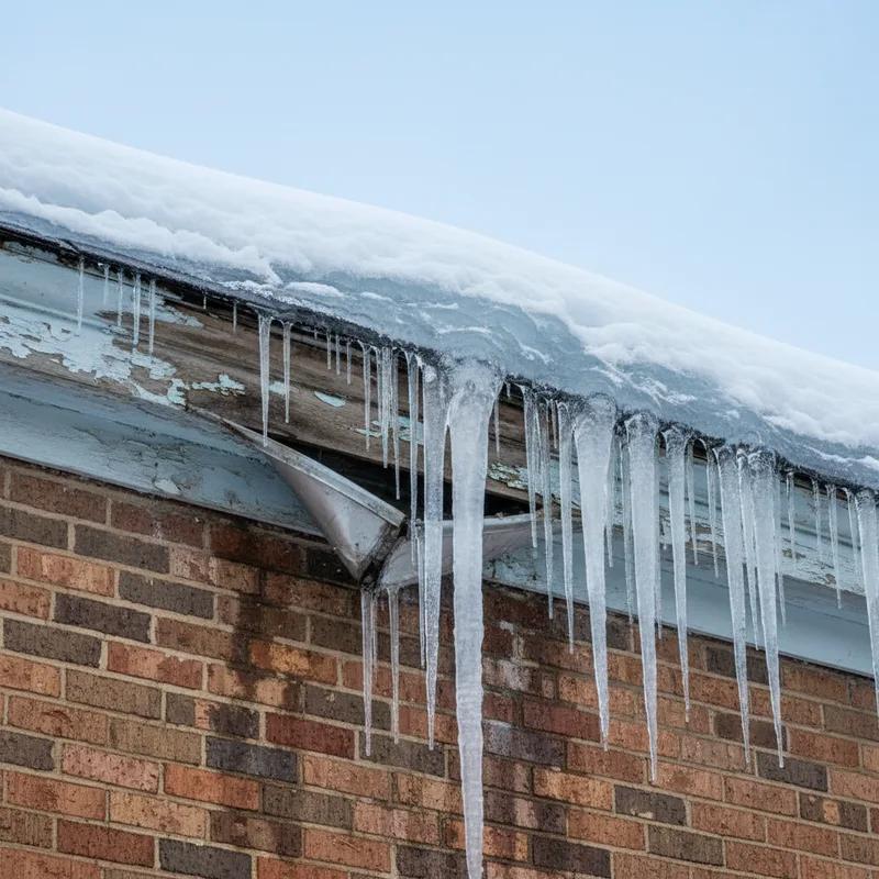 Ice dam formation along the eave of a Philadelphia home in winter, with icicles hanging from gutters and snow on the roof above