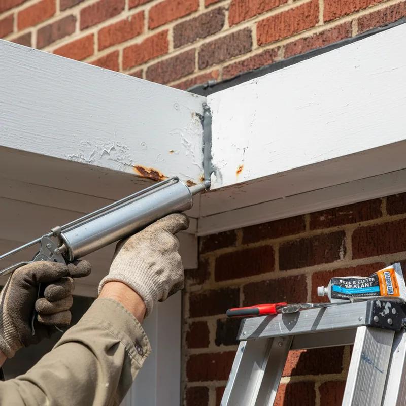A licensed Philadelphia gutter contractor installing new seamless aluminum gutters on a brick row home, with a gutter fabrication machine visible on the truck below
