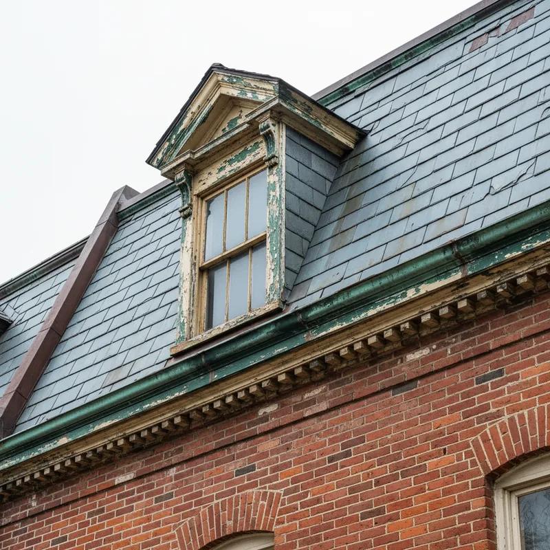 Exterior view of a designated historic row home in Society Hill Philadelphia with an original slate roof and ornate brick facade