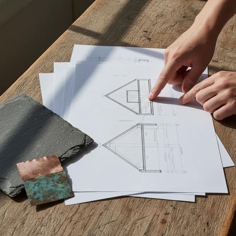 Philadelphia homeowner and roofing contractor reviewing Certificate of Appropriateness paperwork at a kitchen table with historic home photos spread out