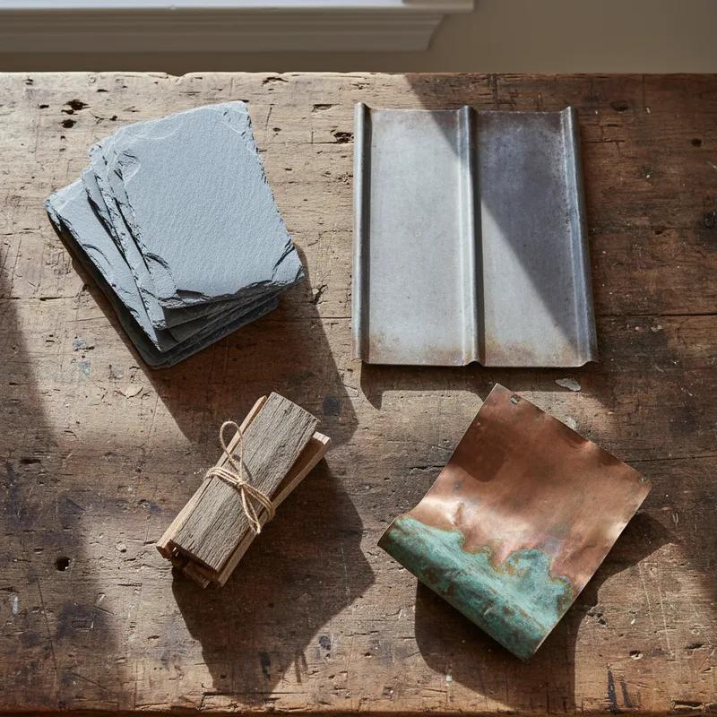 Close-up of a restored Pennsylvania slate roof on a historic Philadelphia townhouse with copper flashing and gutters visible
