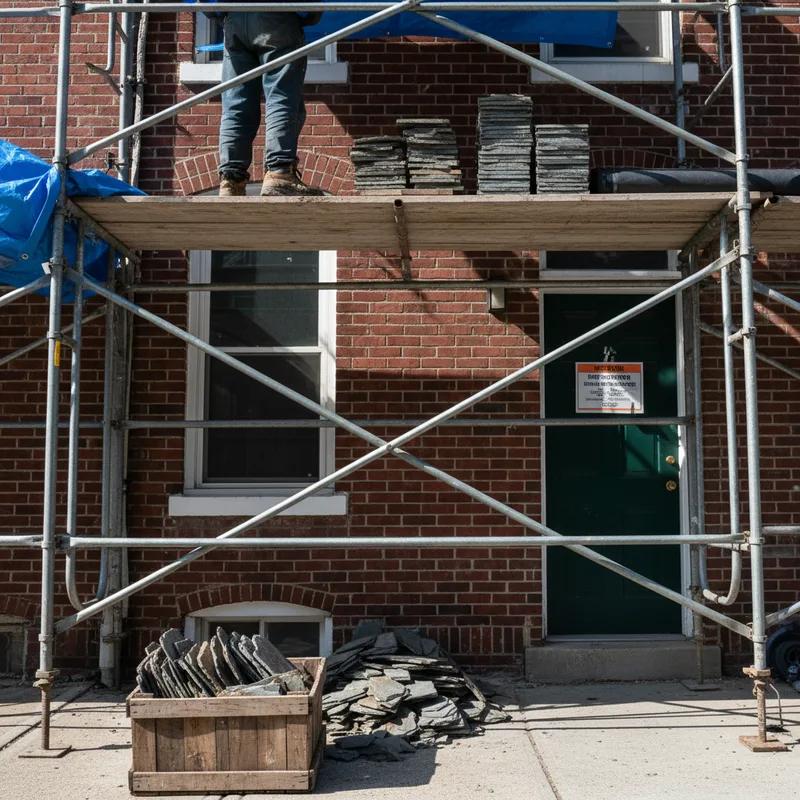 Philadelphia Department of Licenses and Inspections building exterior with city hall visible in the background on a clear day