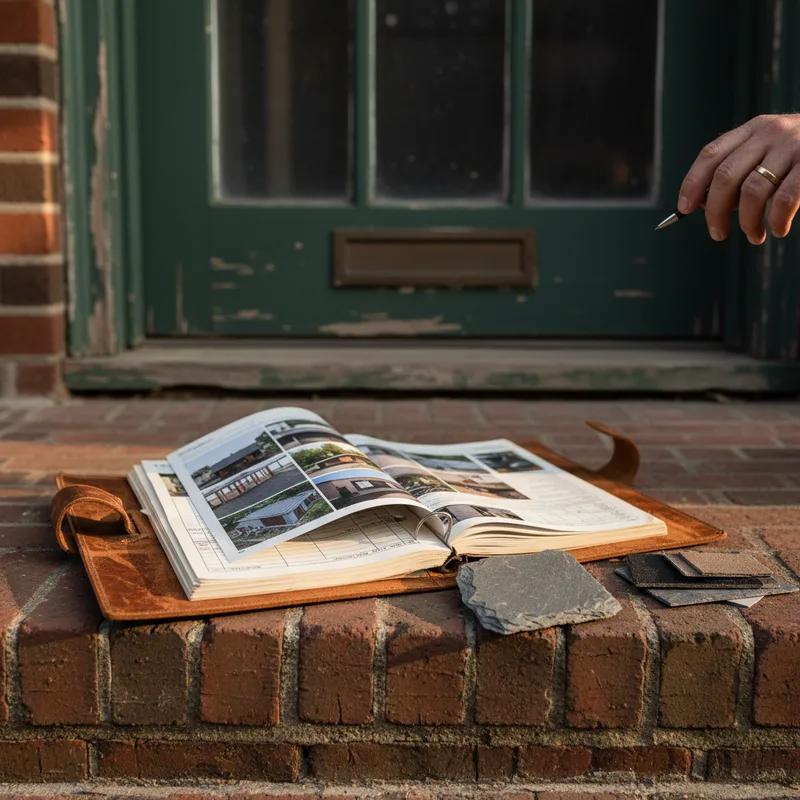 Historic Philadelphia homeowner meeting with a preservation specialist and roofing contractor on the front steps of a brick rowhouse in Germantown