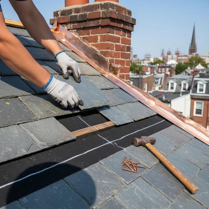 Experienced roofing contractor inspecting slate tiles on a historic Philadelphia home roof while wearing safety harness on a sunny day