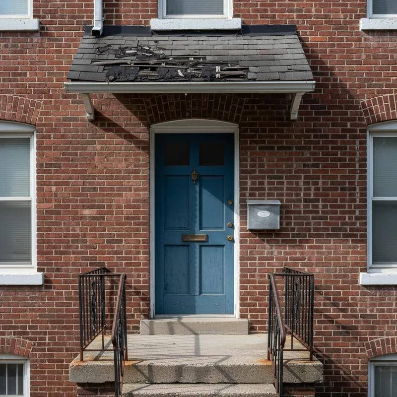 A homeowner reviewing eligibility documents at a kitchen table in a Philadelphia row home, with a visible ceiling water stain in the background