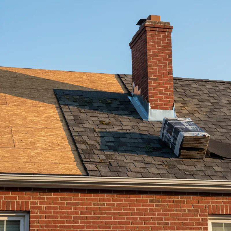 A roofing contractor applying new EPDM membrane to the flat roof of a Philadelphia row home in a dense urban neighborhood