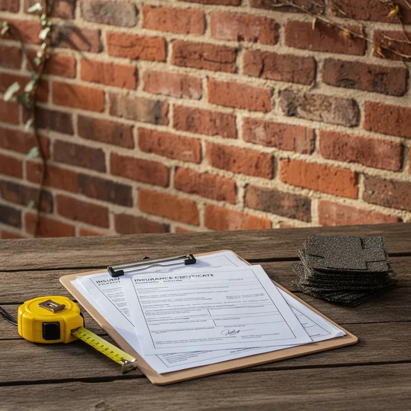 A Philadelphia homeowner reviewing a roofing contractor's insurance certificate and license documents at a kitchen table before signing an agreement