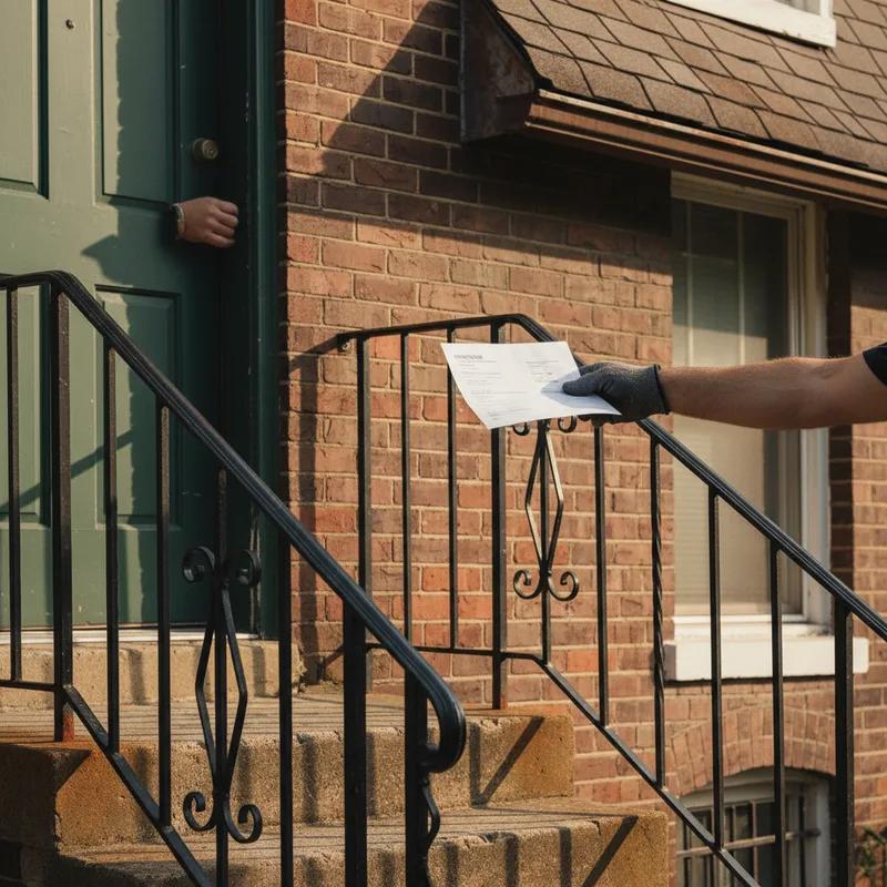 A door-to-door roofing contractor speaking to a skeptical Philadelphia homeowner on a row home front stoop after a storm, with a ladder visible on the truck behind him