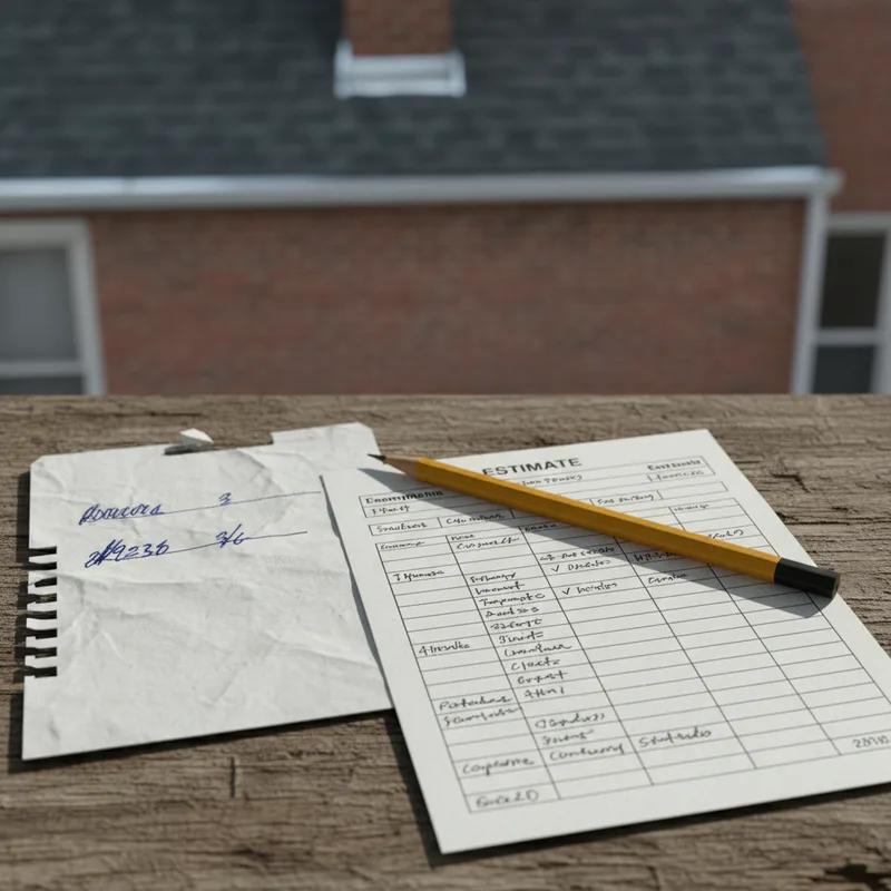 A close-up of a detailed roofing estimate document on a clipboard with specific line items for materials, labor, and permits visible, resting on a Philadelphia row home porch railing