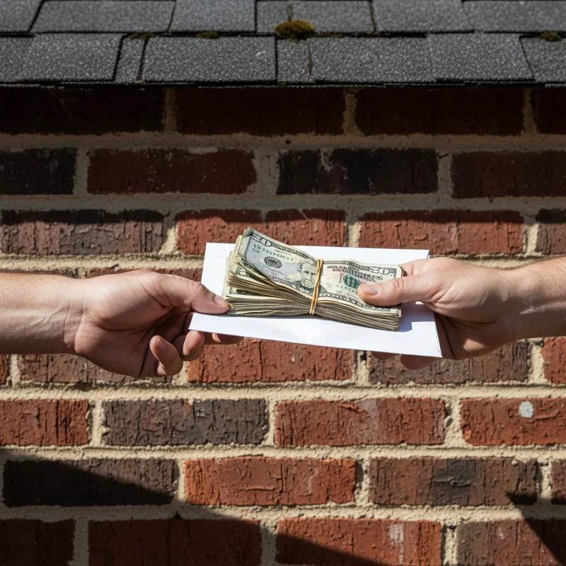 A worried Philadelphia homeowner holding a large stack of cash being pressured by a contractor at a front door, illustrating the danger of excessive upfront payment demands