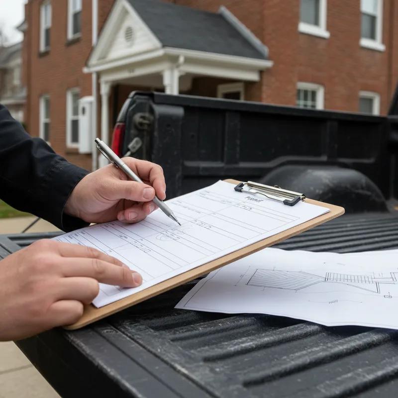 A laptop screen showing the Philadelphia eCLIPSE online permitting portal with a roofing permit application in progress, set on a desk with building plans beside it