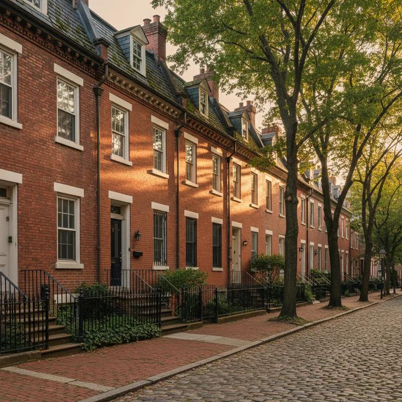 A beautifully preserved historic rowhouse in Philadelphia's Society Hill neighborhood with original slate roofing, illustrating the type of property subject to Philadelphia Historical Commission review