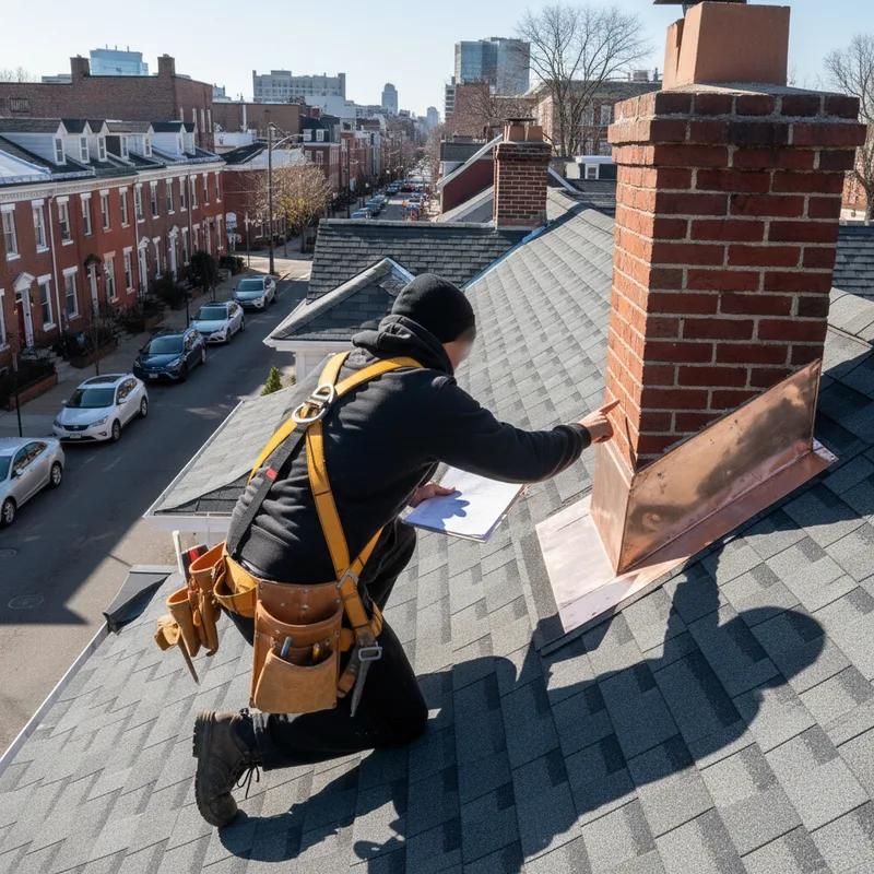 A Philadelphia roofing contractor in a company shirt shaking hands with a homeowner on a front stoop, with a visible permit sign posted on the door behind them