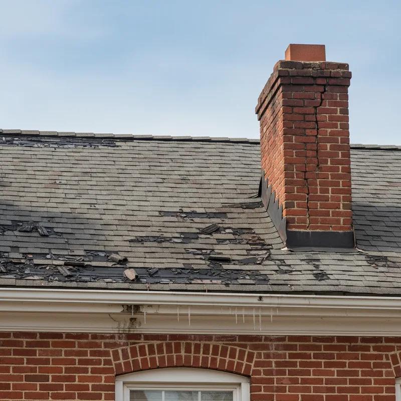 Philadelphia row homes in a dense neighborhood street with snow melting off their rooftops in early spring, showing varying roof conditions from the street level
