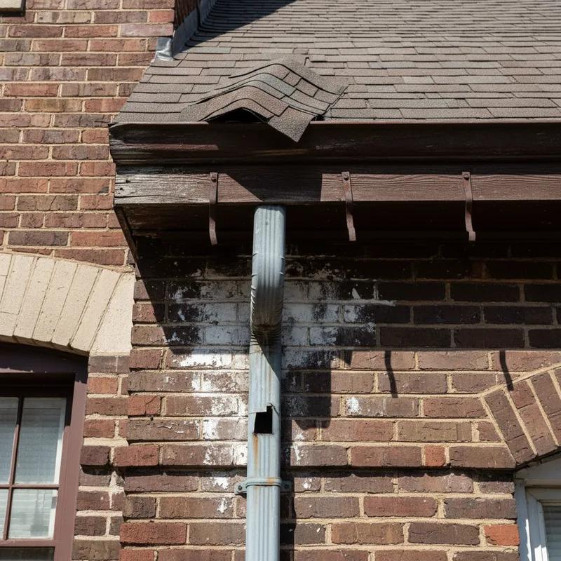Homeowner using binoculars to inspect roof shingles from the sidewalk in front of a Philadelphia brick row home on a clear early spring day