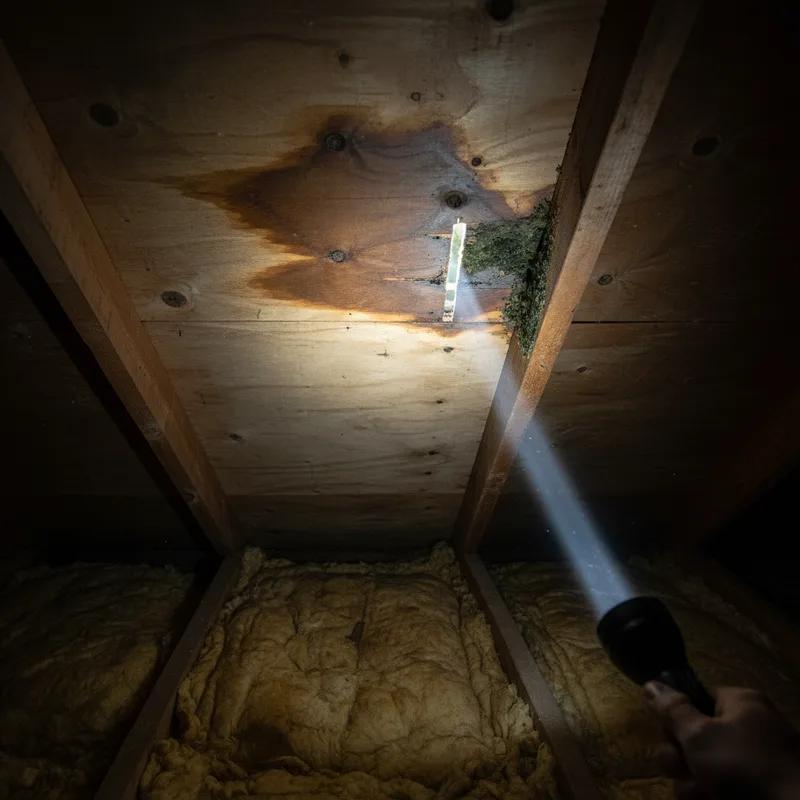 Homeowner shining a flashlight at the underside of roof decking in a dark Philadelphia row home attic, revealing dark water stain marks around a chimney base
