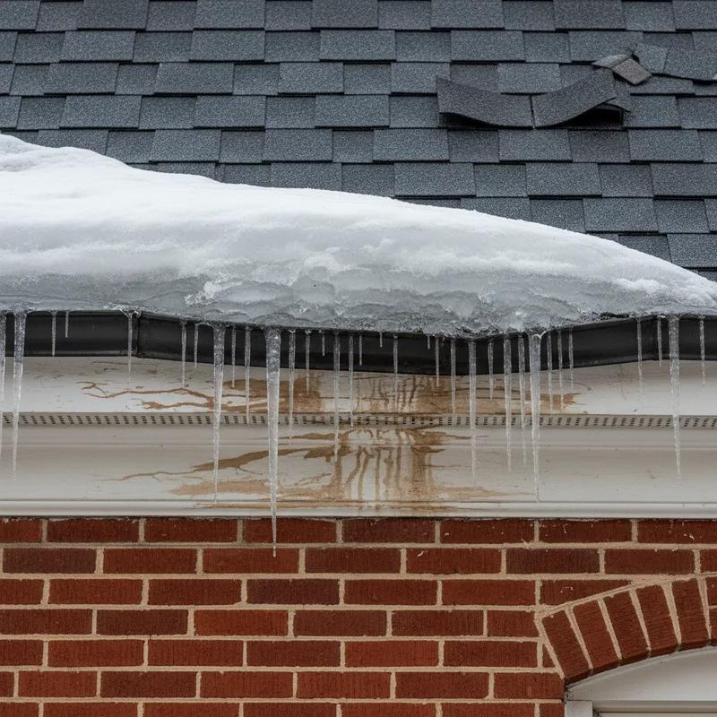 Close-up of ice dam damage on a Philadelphia home's roof edge showing lifted shingles, bent aluminum gutters, and rust staining on the brick fascia after winter